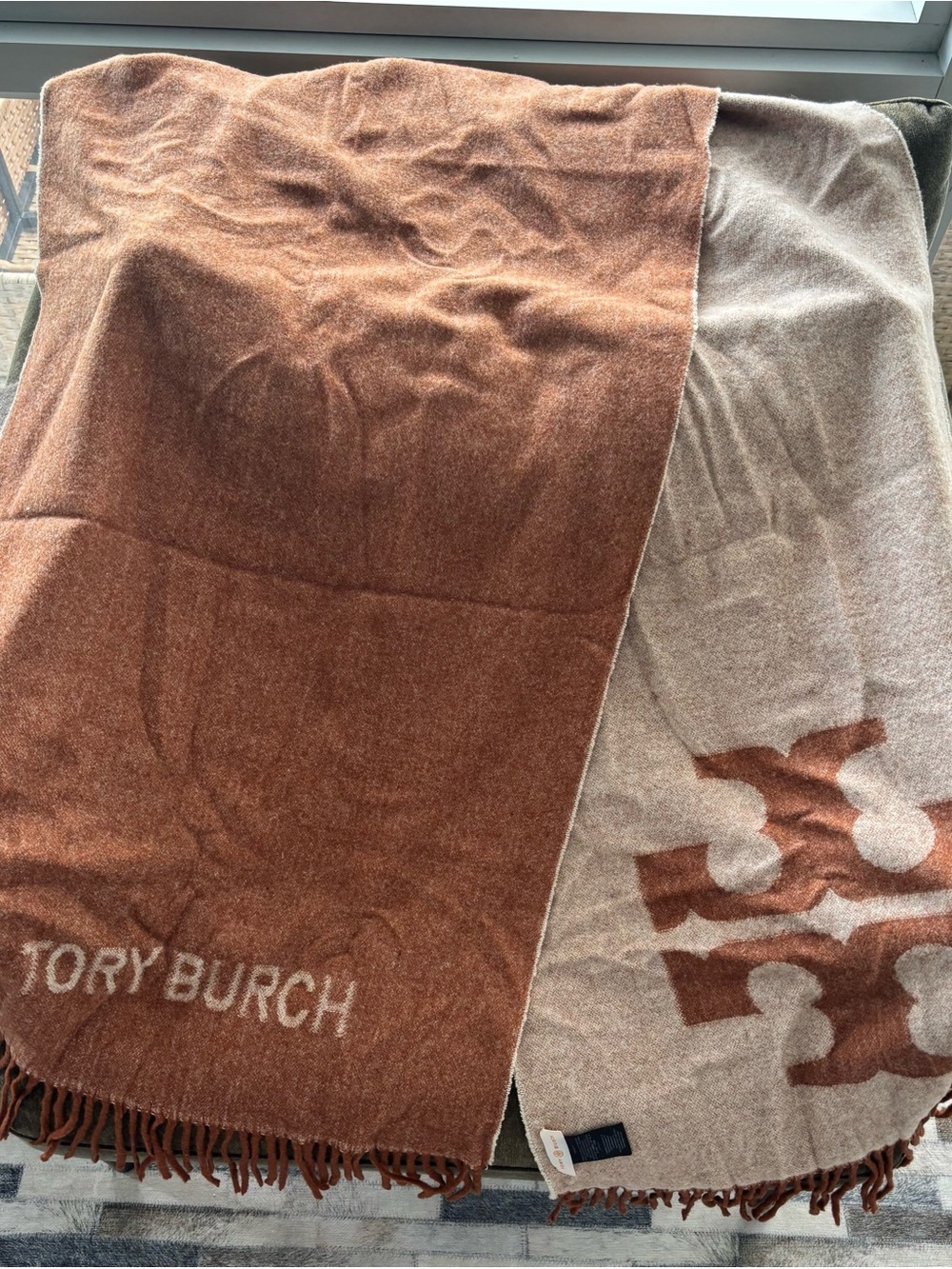 Tory Burch Two-Tone Rust and Cream Logo Wool Scarf 75x20
